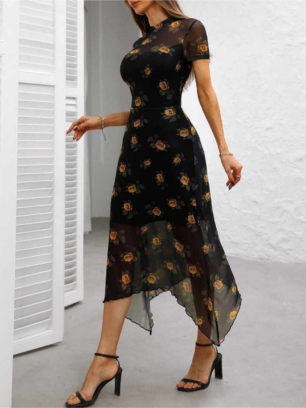 Women's Yellow Sleeve Floral Mesh Elegant Bodycon Vintage Irregular Midi Dress - Picture 4 of 6